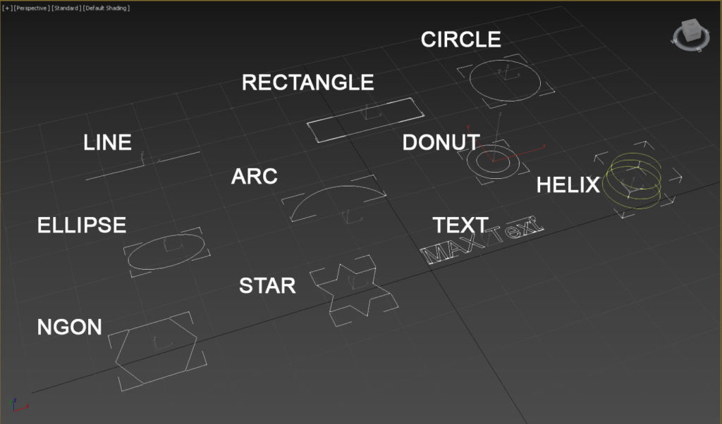 Exemplos de shapes básico do 3ds Max