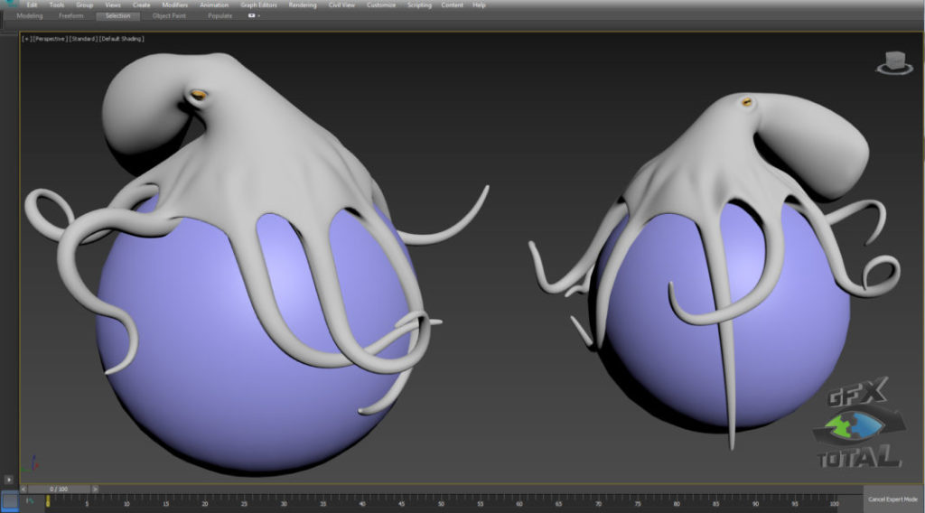 Nesta imagem tem um modelo 3D. Um polvo gigante cinza com olhos amarelos e com os tentáculos enrolados a uma espera roxa.